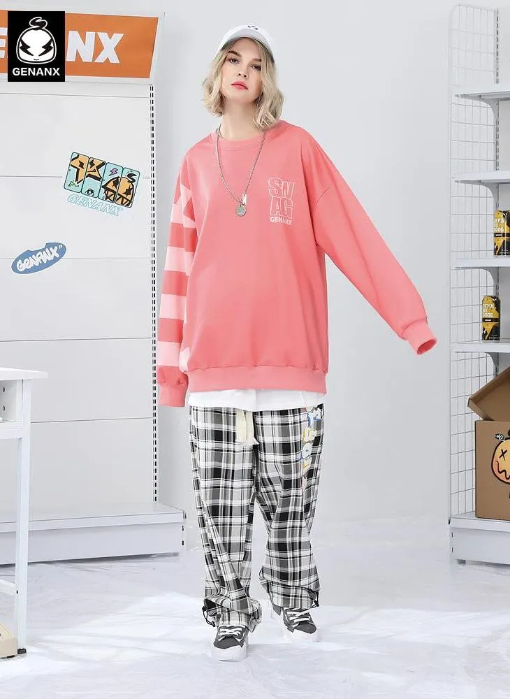 Asymmetric Striped Crew Neck Space Cotton Sweatshirt