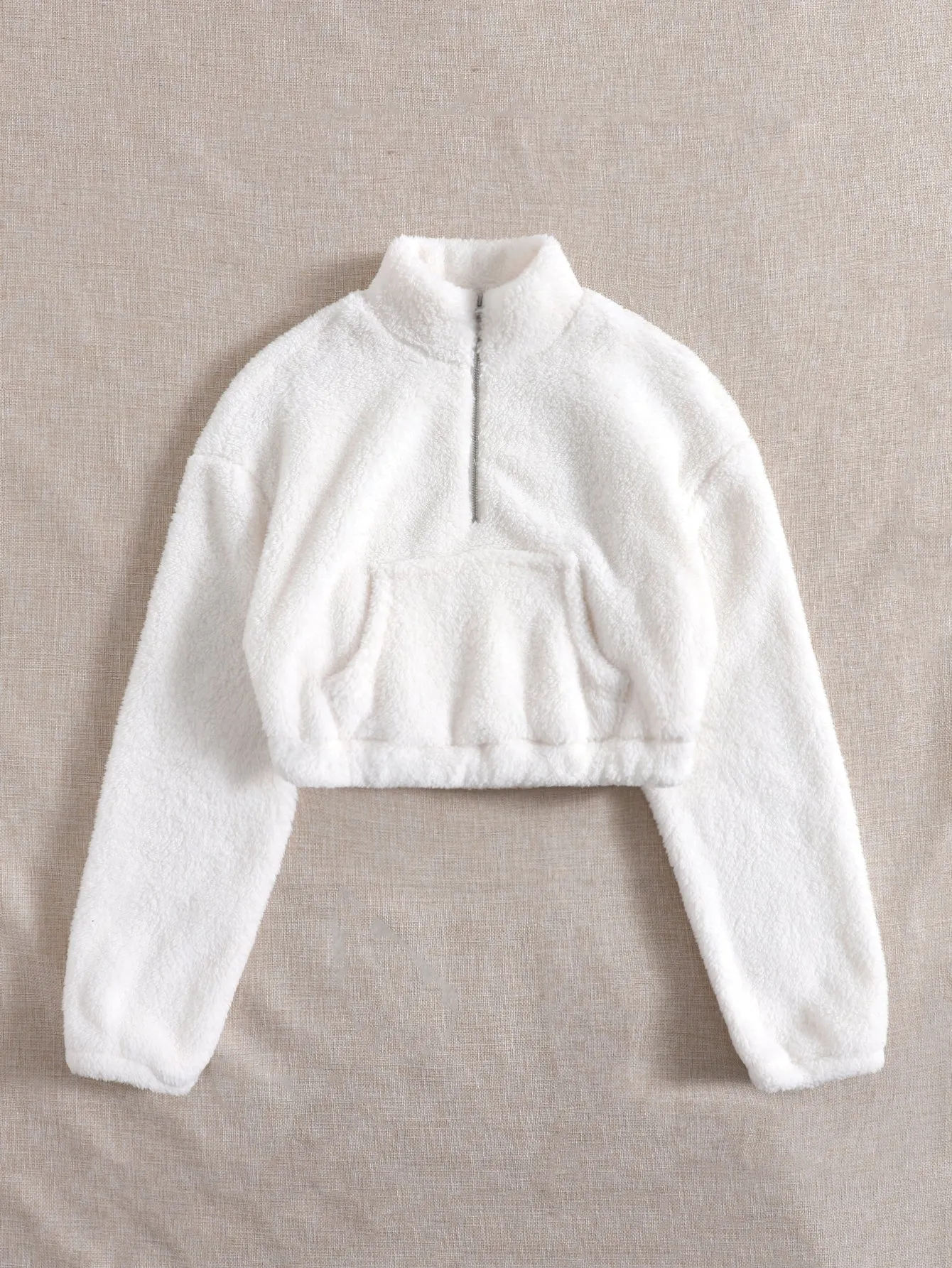 Casual Plain Zipper Long Sleeve Stand Collar Crop Women Sweatshirt