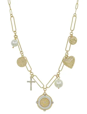 Gold Chain Necklace with Coin, Cross, Heart and Pearl Charms (16"-18")  Water-Resistant
