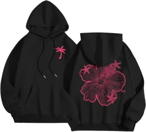 Hoodies For Women Oversized Graphic Print Floral Sweatshirt Preppy Trendy Long Sleeved Pullover Top With Pockets