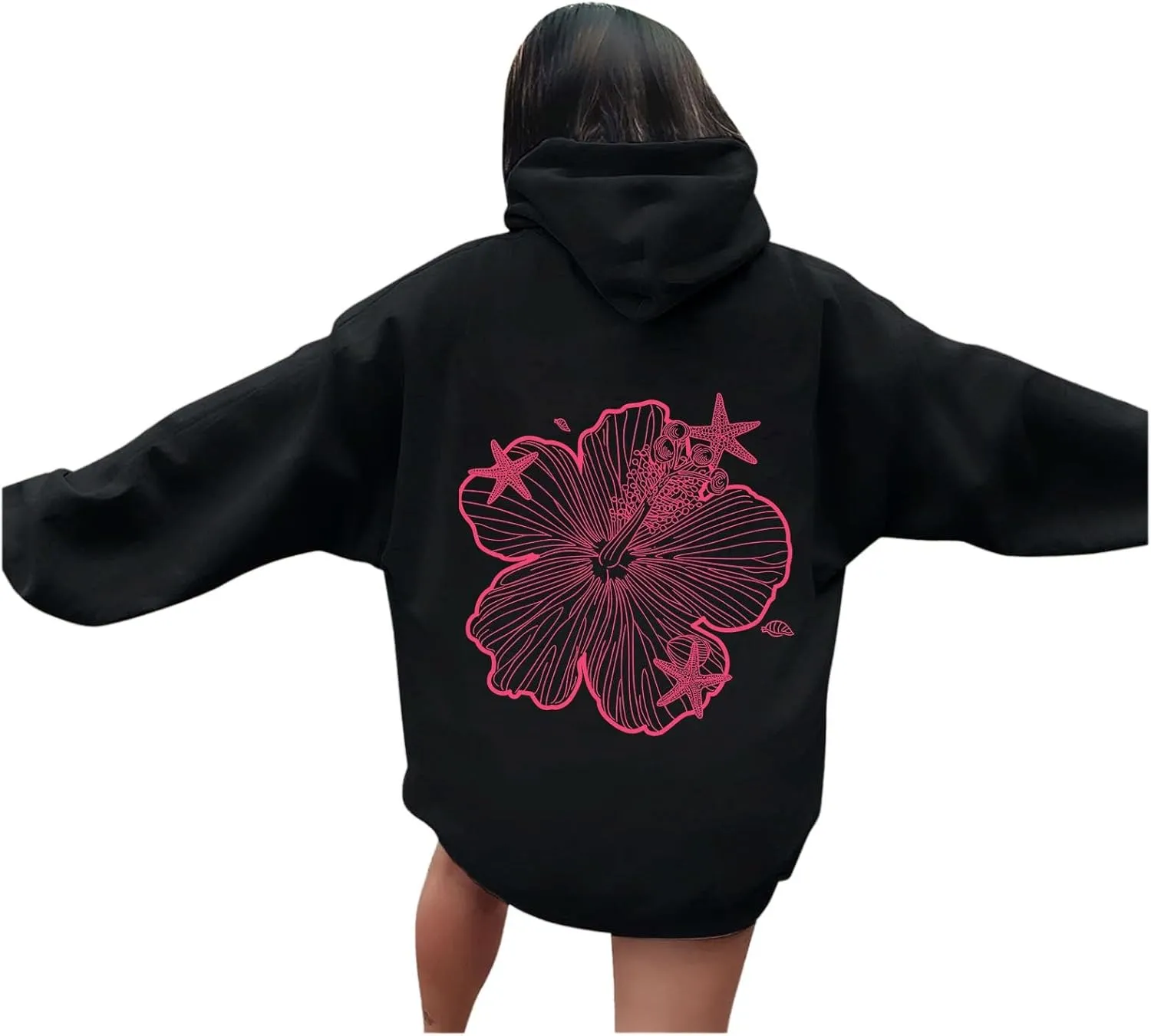 Hoodies For Women Oversized Graphic Print Floral Sweatshirt Preppy Trendy Long Sleeved Pullover Top With Pockets