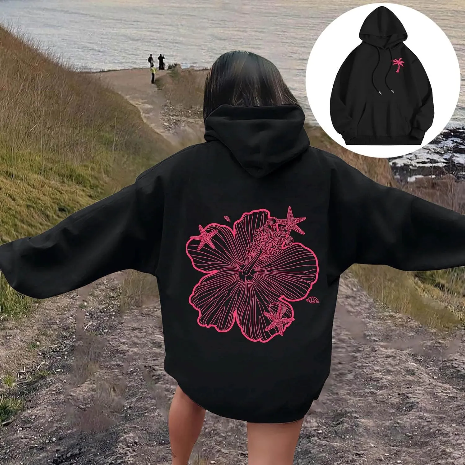 Hoodies For Women Oversized Graphic Print Floral Sweatshirt Preppy Trendy Long Sleeved Pullover Top With Pockets