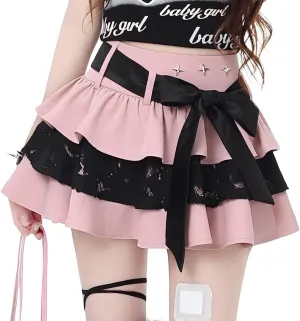 Kawaii Lolita Gothic Clothes Casual Ribbon Elastic High Waist Rivet Trim Lace Layered Pleated Short Skirt