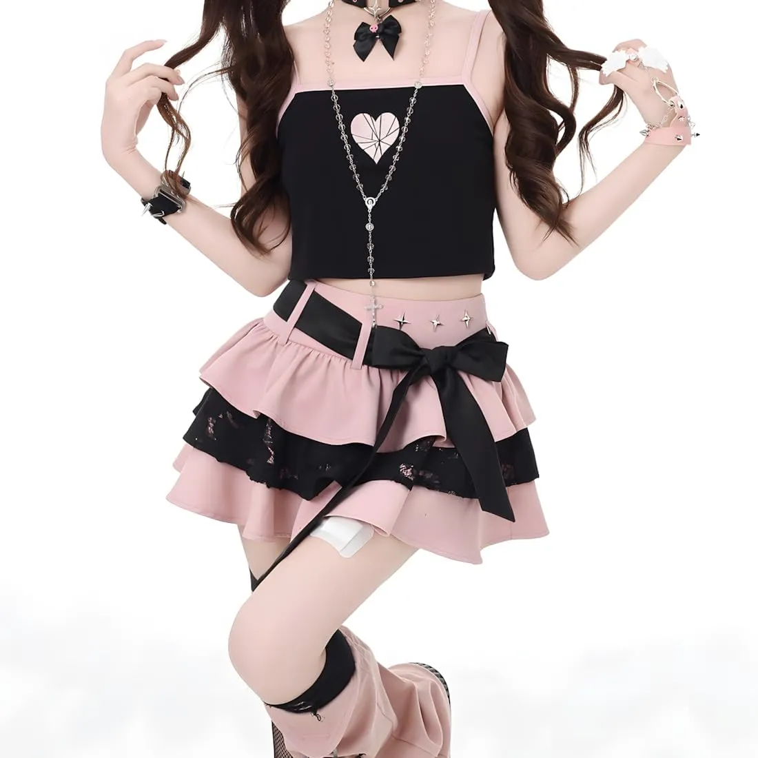 Kawaii Lolita Gothic Clothes Casual Ribbon Elastic High Waist Rivet Trim Lace Layered Pleated Short Skirt
