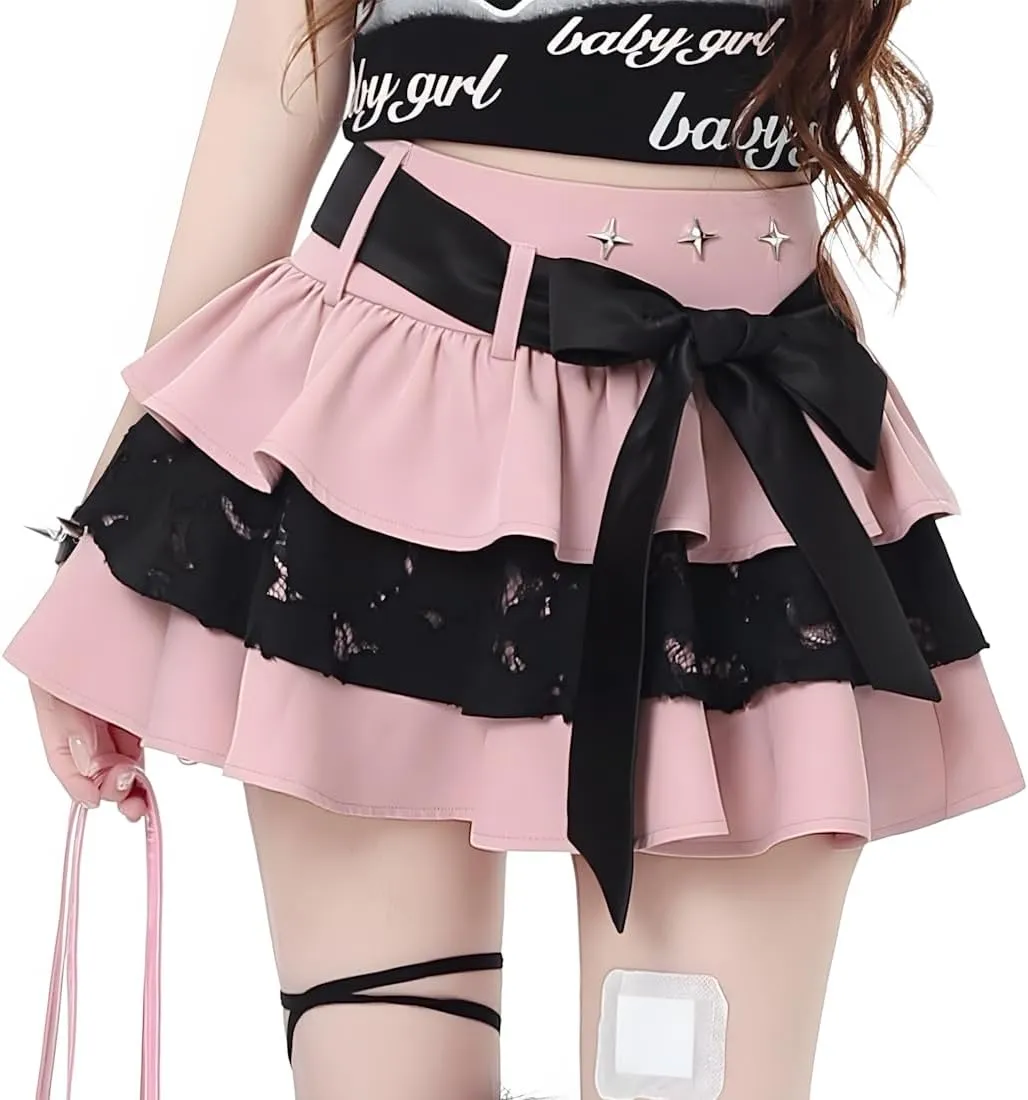 Kawaii Lolita Gothic Clothes Casual Ribbon Elastic High Waist Rivet Trim Lace Layered Pleated Short Skirt