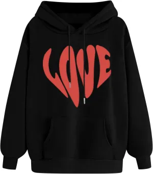 LOVE Cute Hoodies for Women 2024 Fashion Fall Winter Going Out Hooded Sweatshirts Casual Oversized Cozy Pullover Tops