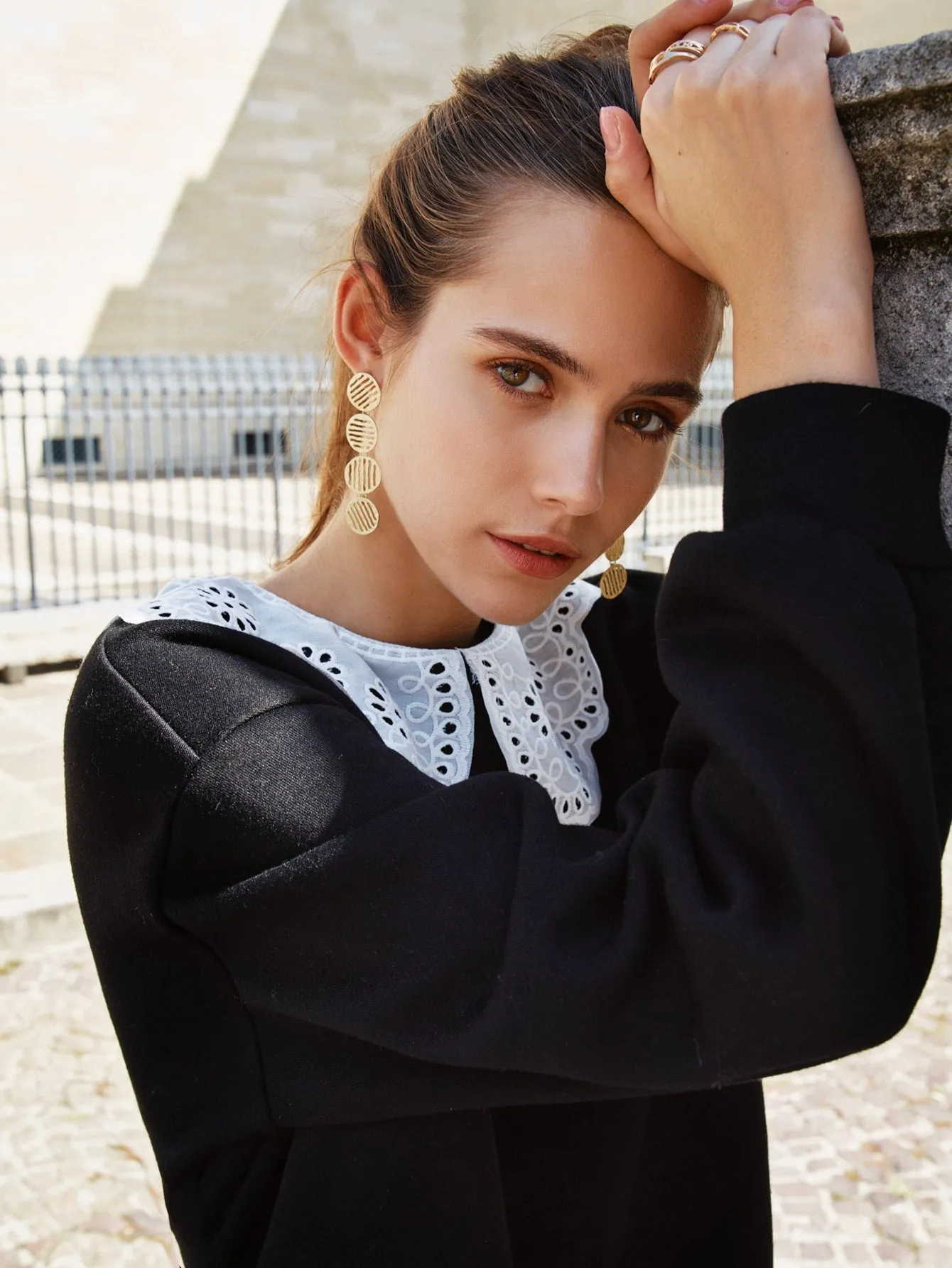 Preppy Colorblock Contrast Lace Long Sleeve Peter Pan Collar Regular Women Sweatshirt