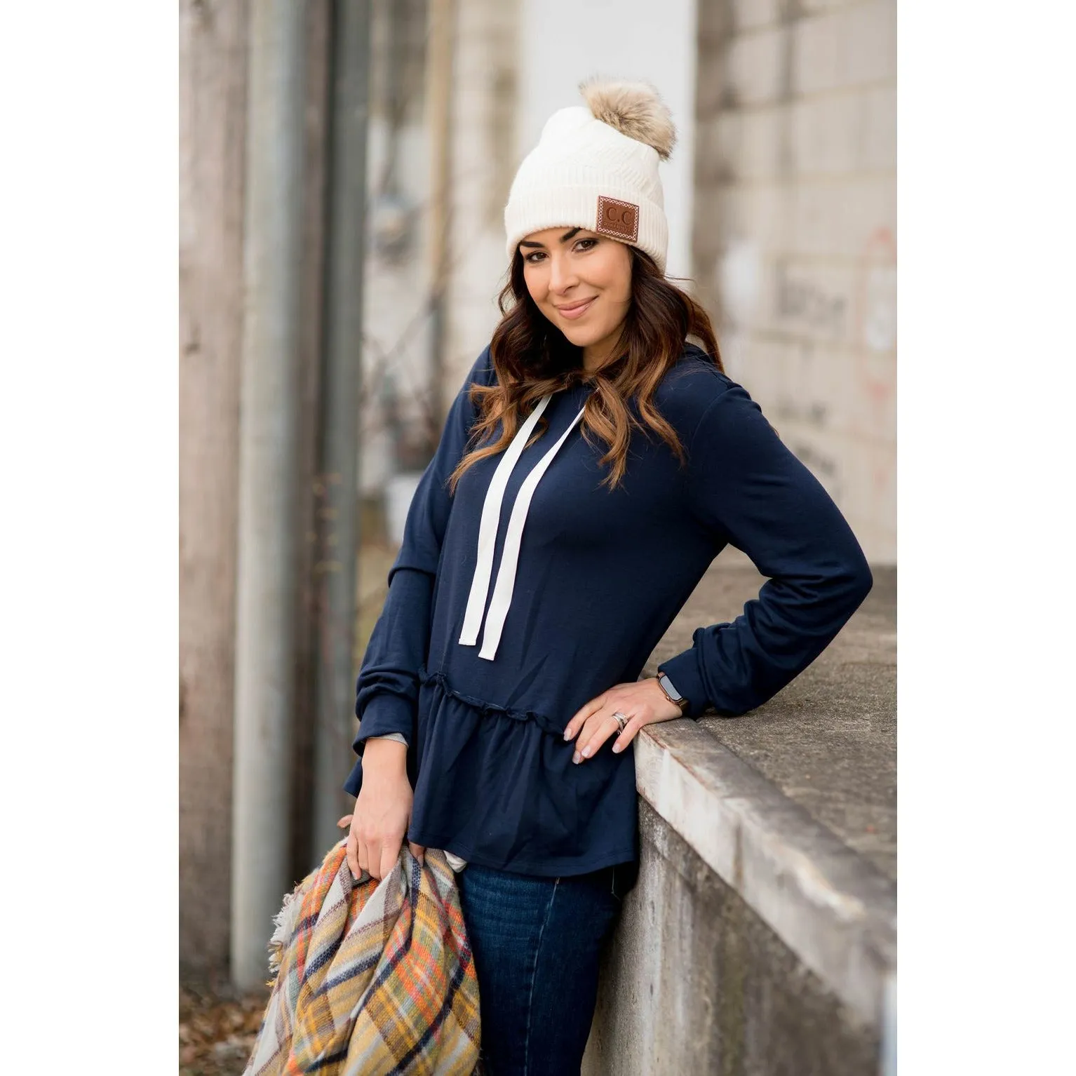 Ruffle Bottom Drawstring Hoodie