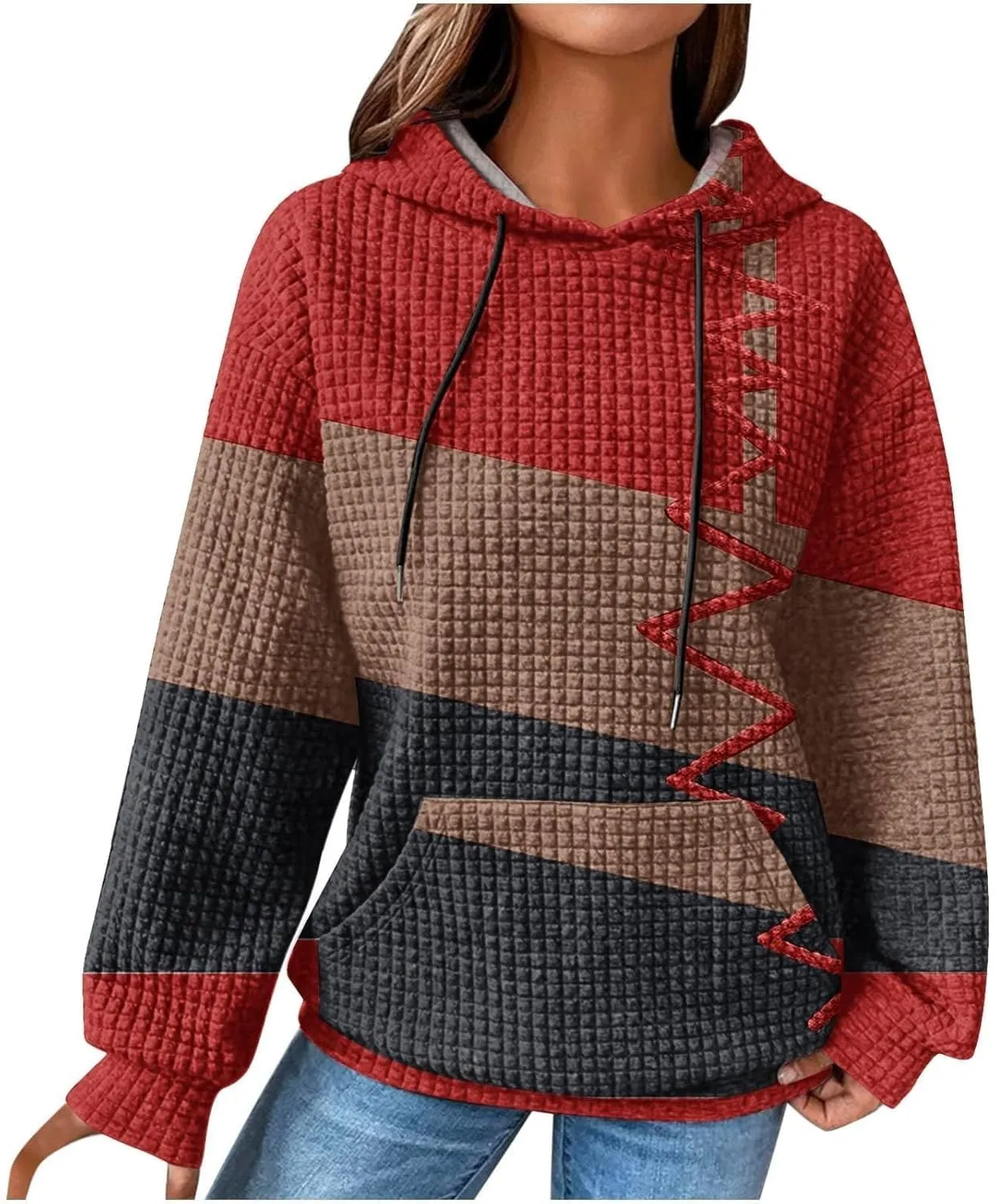 Women's Causal Oversized Cotton Hoodies Long Sleeve Pullover Color Hooded Pactchwork Sweatshirt Autumn & Winter