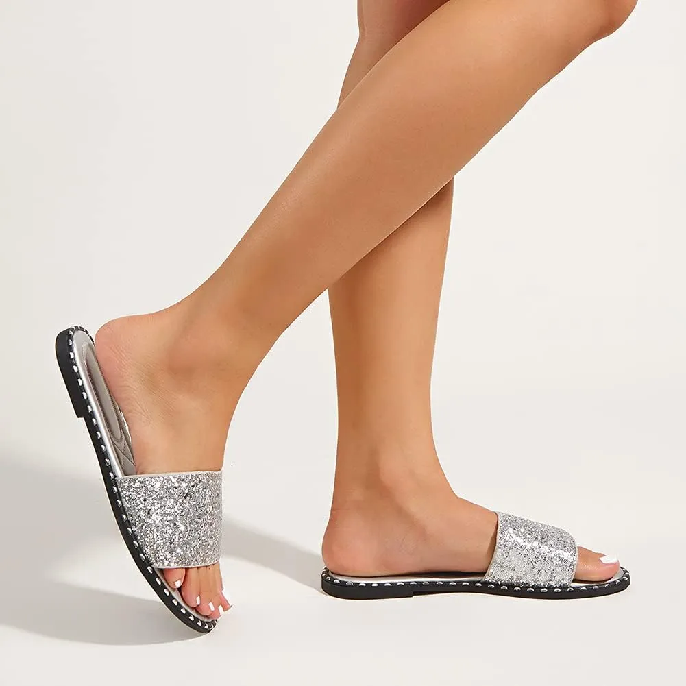 Women's Open Toe Flat Sandals Rhinestone Glitter On Casual Fashion Slippers Quick Drying Indoor & Outdoor Slides