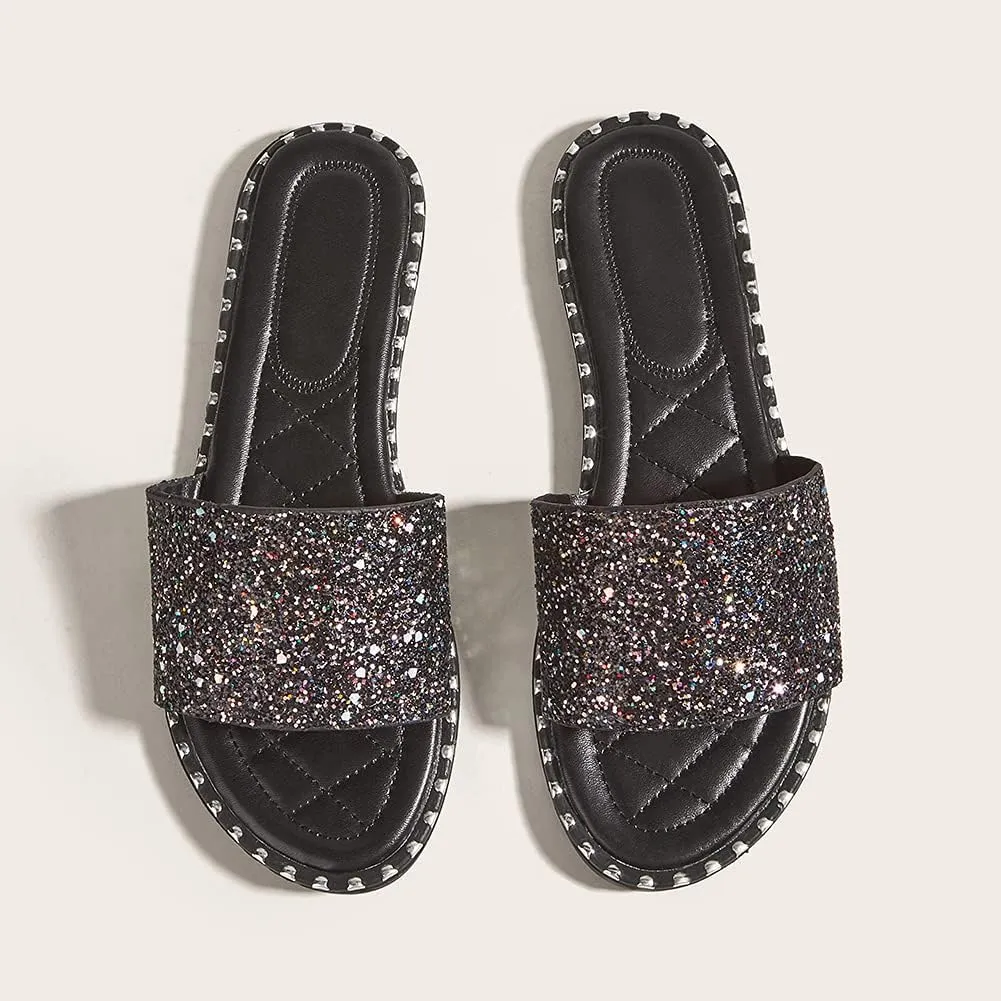 Women's Open Toe Flat Sandals Rhinestone Glitter On Casual Fashion Slippers Quick Drying Indoor & Outdoor Slides