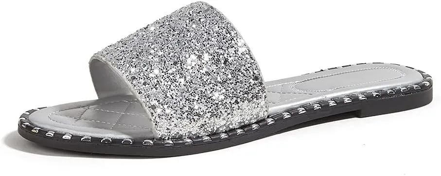 Women's Open Toe Flat Sandals Rhinestone Glitter On Casual Fashion Slippers Quick Drying Indoor & Outdoor Slides