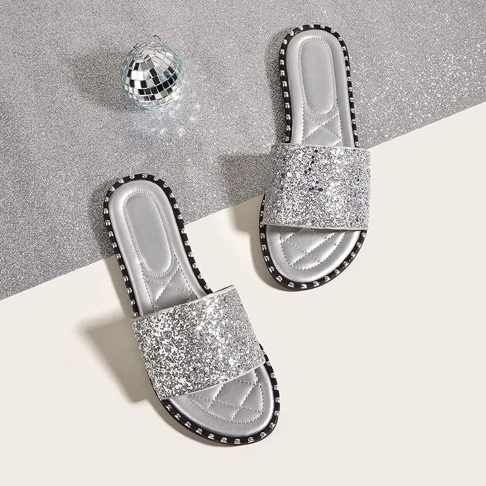 Women's Open Toe Flat Sandals Rhinestone Glitter On Casual Fashion Slippers Quick Drying Indoor & Outdoor Slides