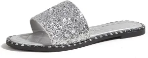 Women's Open Toe Flat Sandals Rhinestone Glitter On Casual Fashion Slippers Quick Drying Indoor & Outdoor Slides