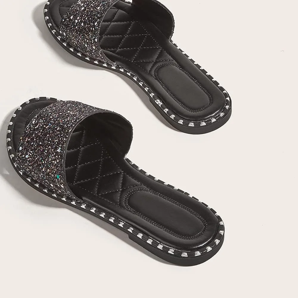Women's Open Toe Flat Sandals Rhinestone Glitter On Casual Fashion Slippers Quick Drying Indoor & Outdoor Slides