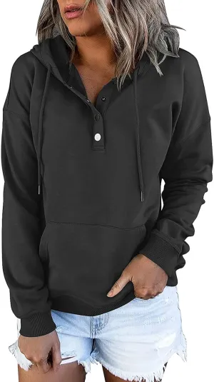Womens Slub Knit Full-Zip Hoodie Long Sweatshirts Button Sleeve Casual Pullover V Drawstring Neck Hooded Down