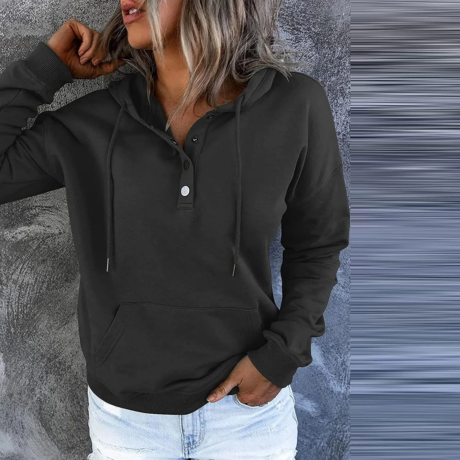 Womens Slub Knit Full-Zip Hoodie Long Sweatshirts Button Sleeve Casual Pullover V Drawstring Neck Hooded Down